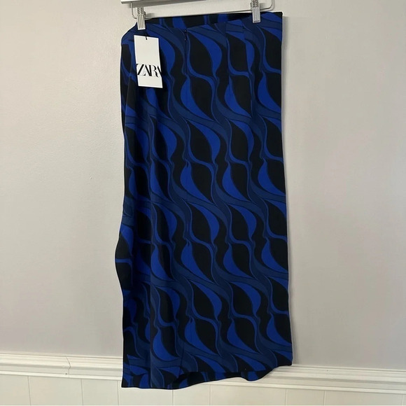 Zara Black and Blue Printed Gathered Midi Skirt with Side Slit Size XL NWT - Picture 10 of 10